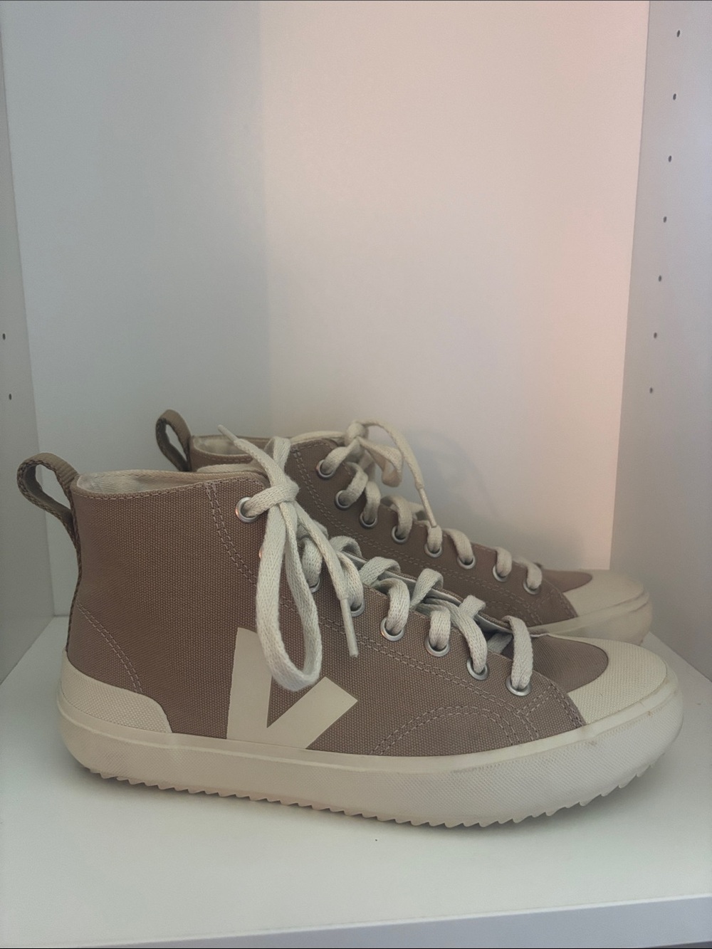 Veja High Top Canvas Sneakers Taupe and White